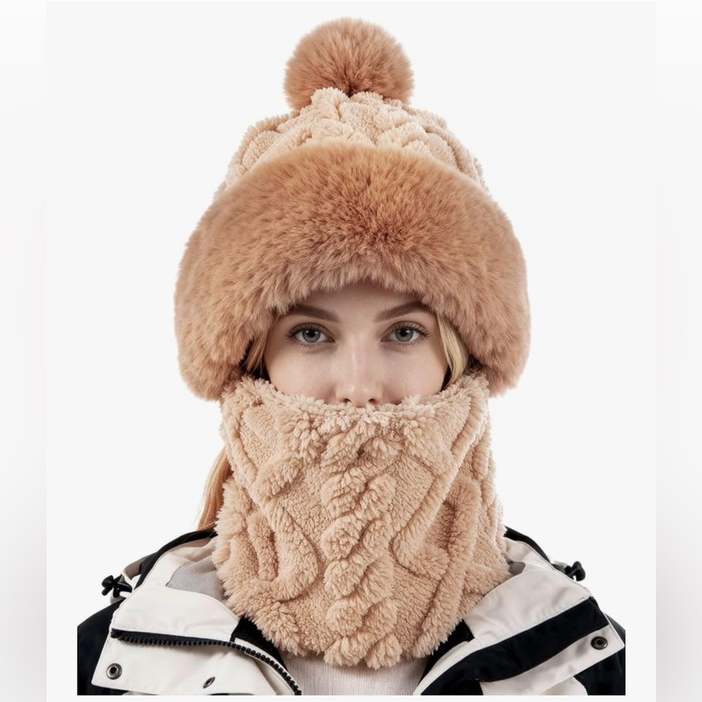 Women's Faux Fur Trim Cable Knit Hat and Neck Warmer Set - Camel